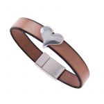 BL032 - Light Tan Wide Leather Heart Charm Bracelet 